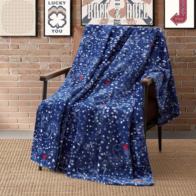 Lucky Brand 50" x 70" Plush Throw Blanket, Bandanny Blue/Red | Blanket for Sofa or Bed