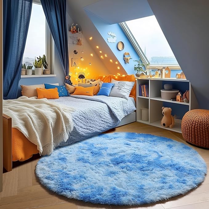 ONASAR Tie-Dye Blue Round Area Rug 4ft, Soft Bedroom Circle Rugs Floor Mats for Kids Girls Teen Room, Kawaii Fluffy Plush Shaggy Carpet for Baby Nursery Living Room Playroom Home Decor