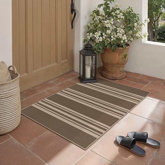 PureCozy Striped Easy Jute Rug 2x3 Brown Entryway Carpet Washable Non Slip Door Mat Farmhouse Neutral Non Shedding Entry Small Indoor Outdoor Rug for Kitchen Bedroom Mudroom Bathroom