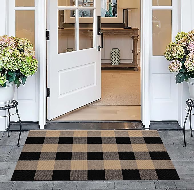 Checkered Front Door Mat Outdoor 24''x35''Buffalo Plaid Outdoor Rug Cotton Washable Layered Doormat for Bedroom,Bathroom,Farmhouse,Entryway,Home Entrance