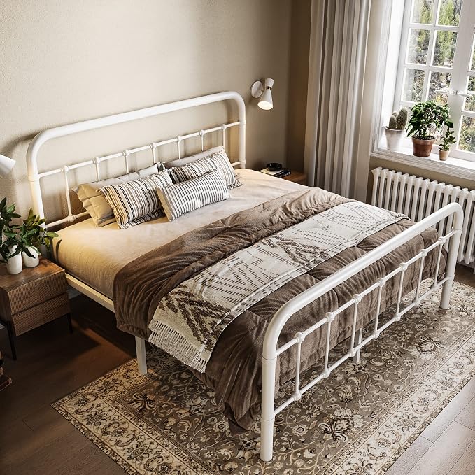 Allewie Full Metal Bed Frame with Victorian Iron-Art Headboard, White | Victorian Style Wrought Iron-Art Headboard/Footboard, Easy Assembly, Under Bed Storage, No Box Spring Required