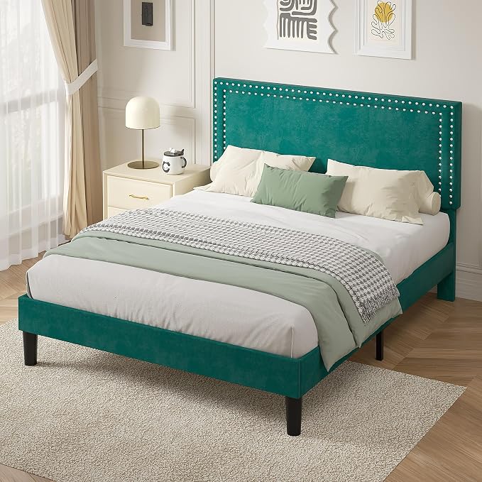 VECELO Queen Size Platform Bed Frame with Height Adjustable Upholstered Headboard, Modern Mattress Foundation,Strong Wood Slat Support, No Box Spring Needed, Easy Assembly,Dark Green