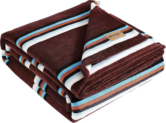 Wrangler - Queen Size Blanket, Ultra-Soft Plush Blanket, Medium Weight Cozy Bedding, Striped Americana Decor, Western Saddle Red