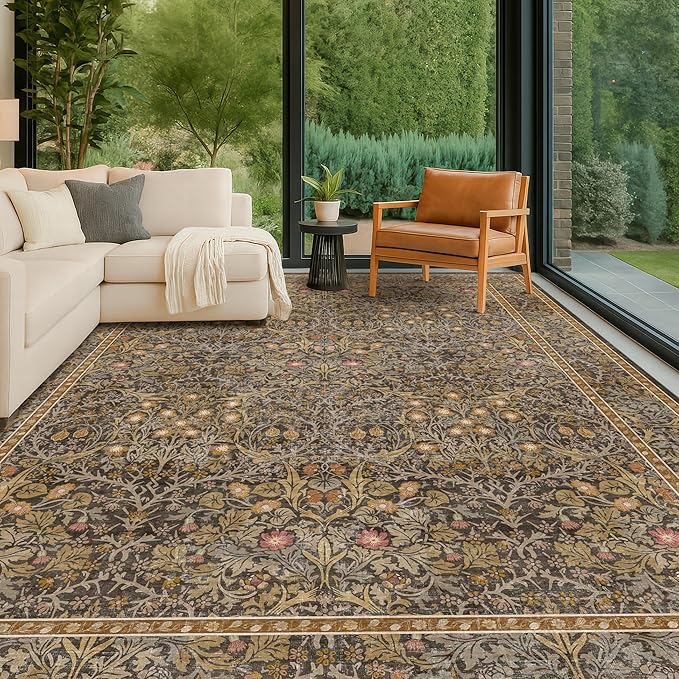 Boho 7x9 Brown Rug for Living Room - Washable Oriental Area Rug for Dining Room Under Kitchen Table, Non-Slip Floor Carpet for Bedroom Under Bed - Vintage Design & Stain Resistance