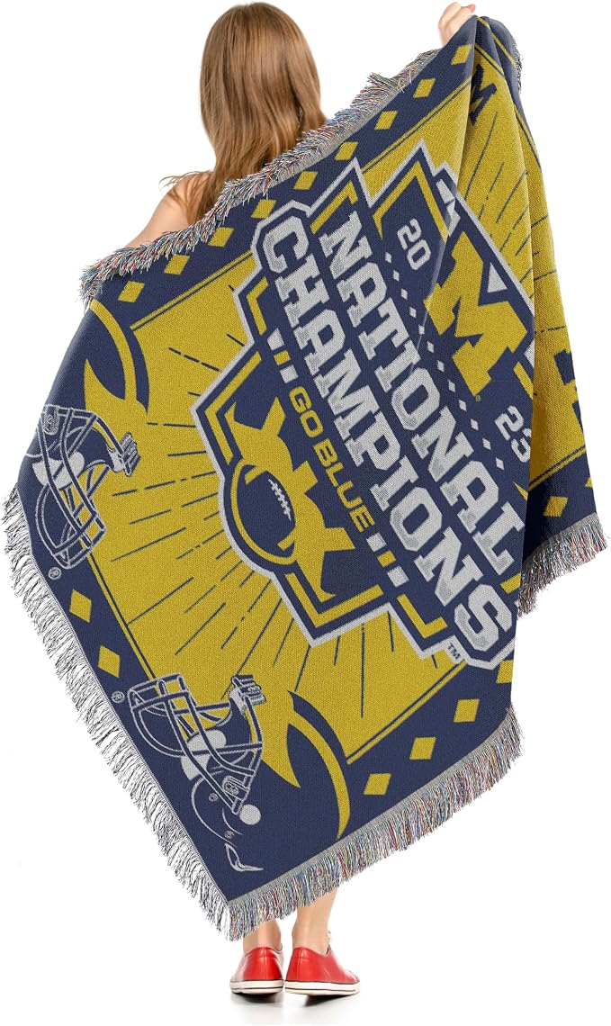 Northwest Michigan Wolverines 2023 National Champions Woven Tapestry Throw Blanket – 48 x 60 Inches – NCAA Official Fan Decor – Visionary Design