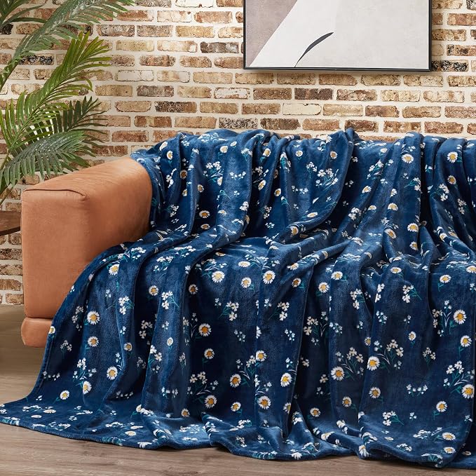 Lucky Brand Daisy Navy Blue Floral 90"X90" Cozy Plush Blanket - Premium Microfiber Throw for Luxurious Comfort and Style Full/Queen Size