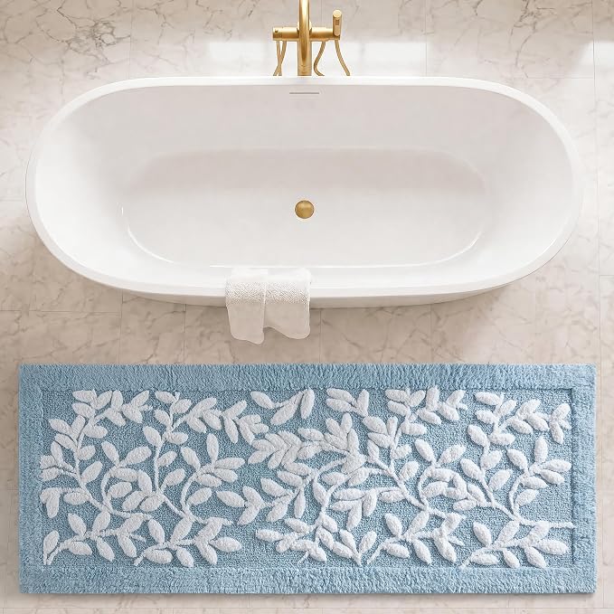 Madison Park Serene Tufted Bath Rug Cotton Absorbent, 24 x 60, Blue | Quick Dry, Soft Pile, Machine Washable, Floral Pattern, Plush, OEKO-TEX Certified