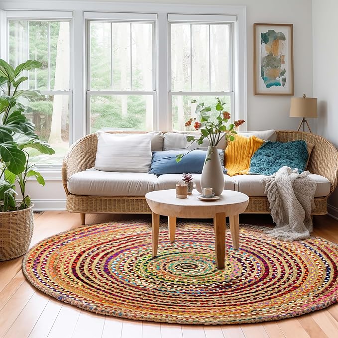 COTTON CRAFT Jute Chindi Braid Rag Rug - Boho Farmhouse Rustic Area Accent Throw Rug - Handwoven Reversible Natural Recycled Cotton - Living Room Den Study Home Décor Gift - 8 Feet Round - Multi Color
