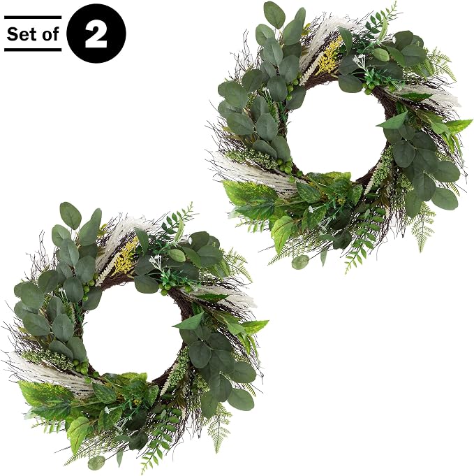 Sweet Anne Eucalyptus Wreath Set - Two 22-Inch Artificial Spring, Summer, or Fall Wreaths for Home Decor - Indoor Decor by Pure Garden