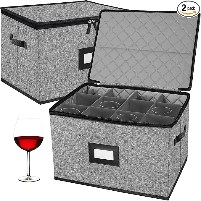 2PACK Quilted Wine Glass Storage Box,China Storage Containers hard shell,Moving Boxes,Storage Containers for Organizing,Stackable Stemware Storage Cases,Moving Supplies | China Storage Containers, Hard Shell, Moving Boxes, Stackable Stemware Storage Cases