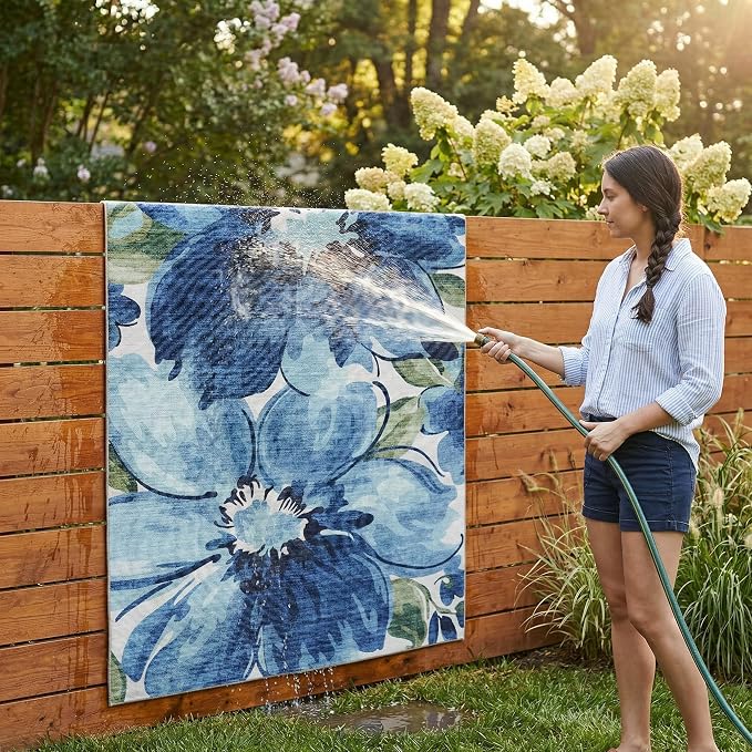 ReaLife Rugs Machine Washable Indoor Outdoor - Mat Rug Foldable Printed Thin Lightweight Cushioned Fade Resistant Patio Deck Dock Porch Pool Balcony Camping - Kai - Blue Green 4' x 6'