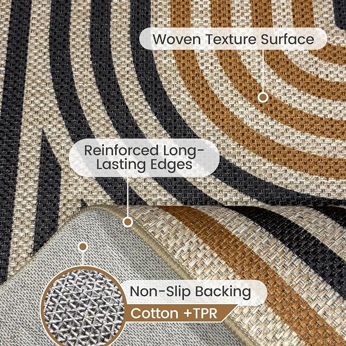 Washable Rainbow Easy Jute Rug 3x5, Outdoor Indoor Patio Modern Geometric Neutral Small Rugs, Woven Non Slip Thin Carpet Mat for Living Bedroom Entryway Front Door Farmhouse Doorway Ki