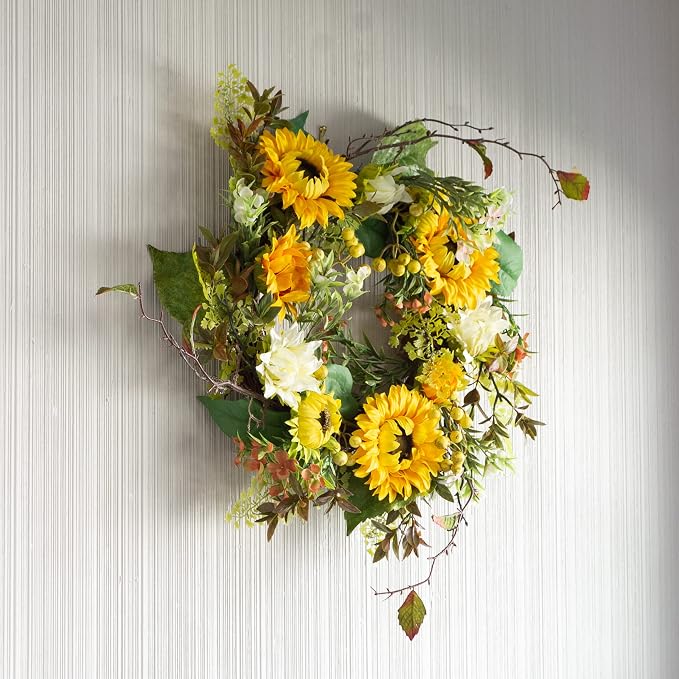 Sunflower Wreath - 22-Inch Artificial Spring, Summer, or Fall Wreath for Home Decor - Wreaths for Indoors or Covered Patio Use Only by Pure Garden