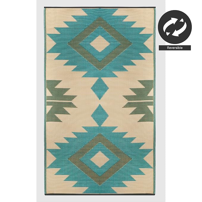 FH Home Outdoor Rug - Waterproof, Fade Resistant, Reversible - Premium Recycled Plastic - Geometric - Patio, Deck, Porch, Balcony - Bursa Kilim - Teal Crease Free - 5 x 8 ft