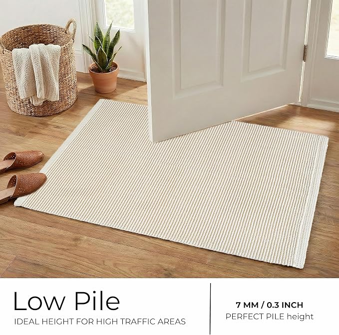 THE BEER VALLEY Woven Entryway Rug 2x3 Feet - Ivory | Non Slip Kitchen Indoor Throw Door Mat for Bedroom, Washable Outdoor Low Pile Patio Cream Rugs