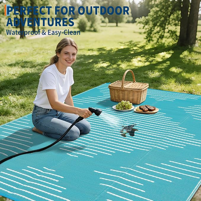 Garvee Waterproof Outdoor Area Rug 9x12 Plastic Reversible Rug for Patio Decor Easy-Cleaning Large Floor Mat for Camping RV Porch Deck Backyard Balcony Picnic Light Blue White