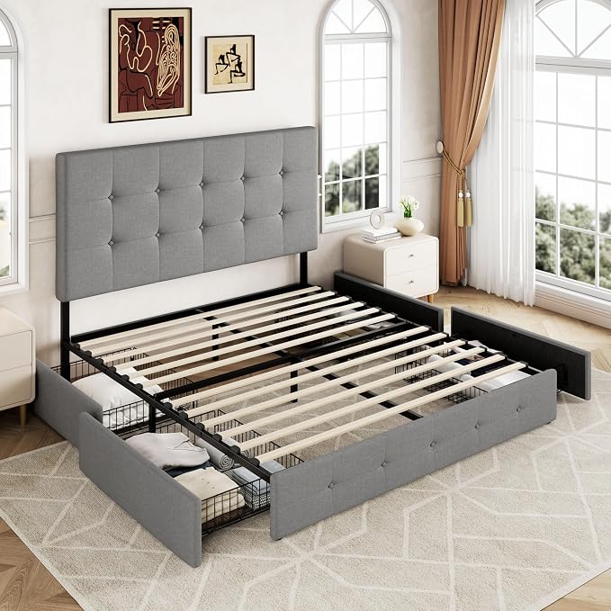 Allewie Upholstered Full Size Platform Bed Frame with 4 Storage Drawers and Headboard, Square Stitched Button Tufted, Mattress Foundation with Wooden Slats Support, No Box Spring Needed, Light Grey