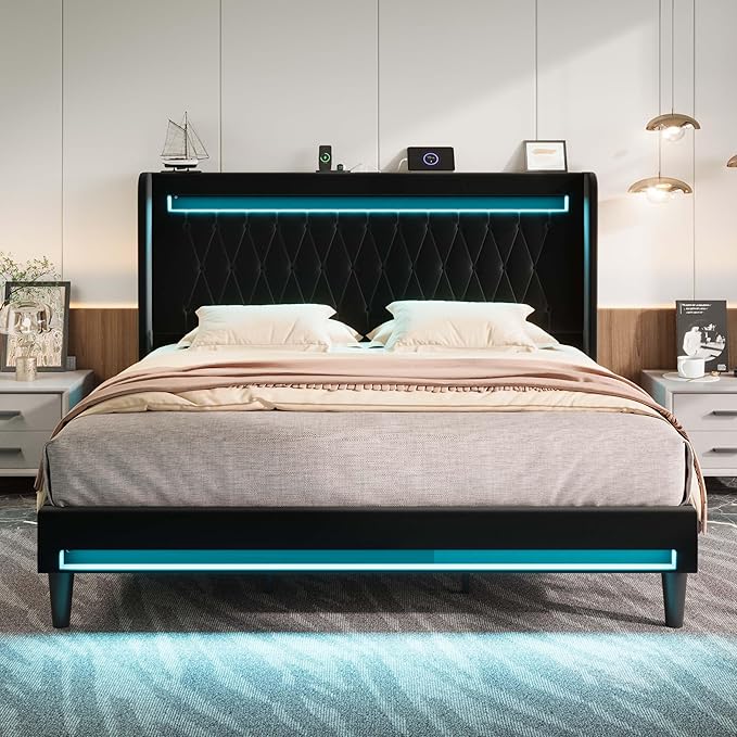 Allewie King Size Upholstered Bed Frame with LED & Charging Station, Black | Customizable LED lights, charging station, tufted wingback headboard, noise-reducing support, and no box spring needed.