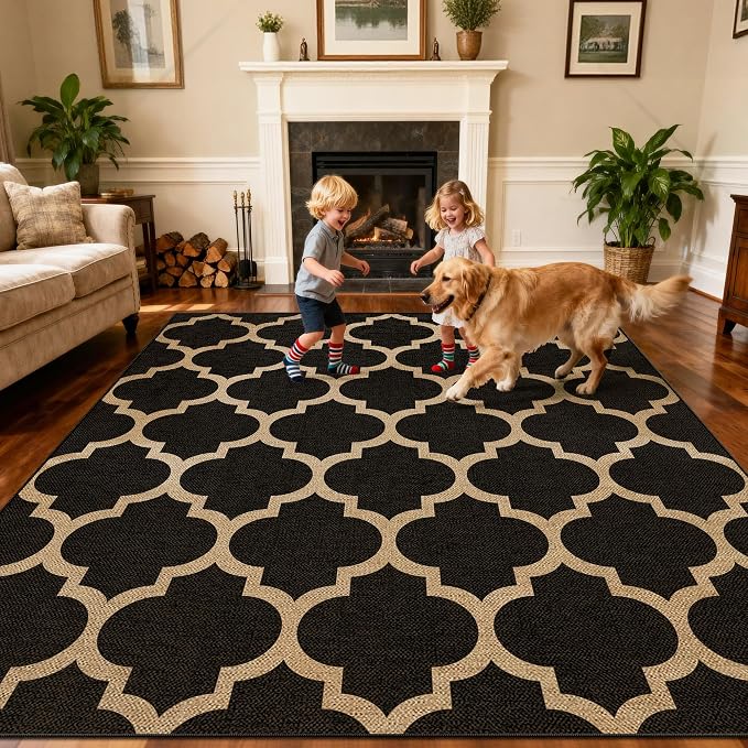 Washable 5x7 Moroccan Trellis Easy Jute Rug for Livingroom, Black Neutral Boho Outdoor Indoor Patio Large Area Rugs, Woven Ultra Thin Non Slip Carpet Mat for Backyard Kids Bedroom Classroom Playroom