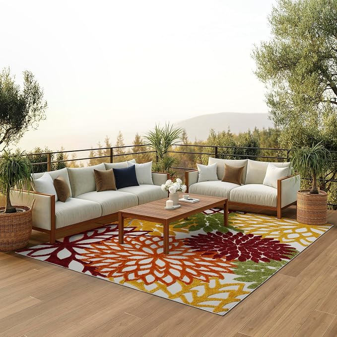 Nourison Home Aloha Indoor/Outdoor Red Multi Colored 7' x 10' Area Rug, Tropical, Botanical, Easy Cleaning, Non Shedding, Bed Room, Living Room, Dining Room, Deck, Backyard, Patio (7x10)