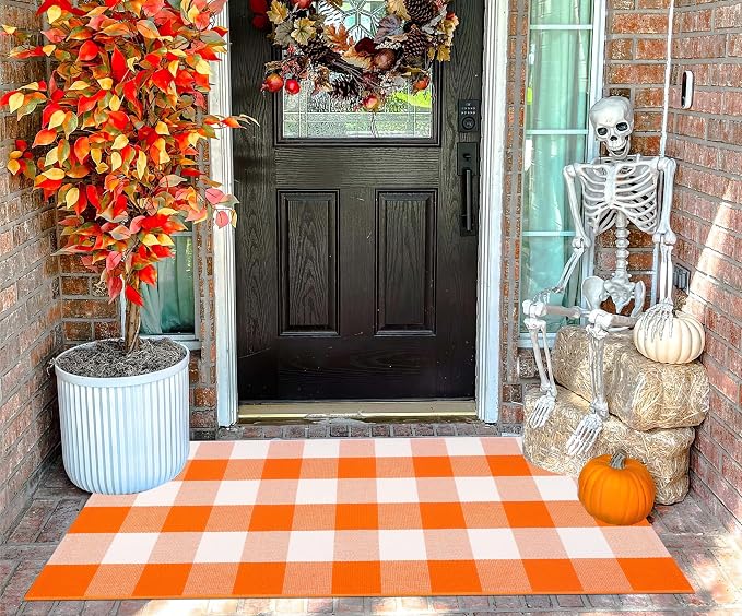 Front Porch Rug 24''x51''Orange and White Outdoor Rug Cotton Washable Fall Door Mat Outdoor for Layered Doormat Halloween Door Mat Kitchen Farmhouse Entryway