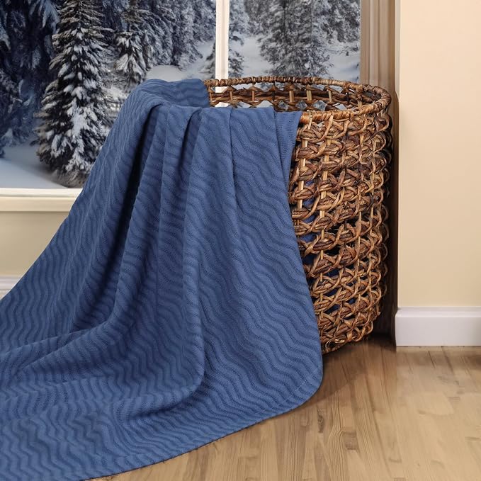 Superior JENA Cotton Blanket, for Picnic, Beach, Traveling or Camping, Bedroom Decor, Essentials, Cover for Bed, Couch, Lounging, Textured Jacquard, Modern Chevron Woven Blanket, King, Merritt Blue
