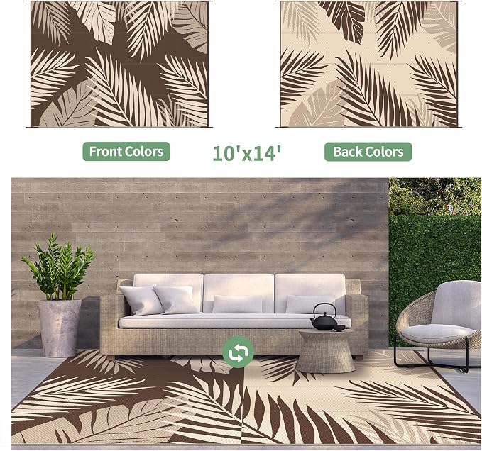 GENIMO Outdoor Rug, Waterproof Plastic Rugs 10'x14' for Camping Coffee | Outside Larger Leaf Carpet Mat for Porch Decor, Deck, Camping, RV, Backyard, Balcony, Picnic, Beach, Reversible, Foldable