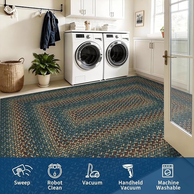 Garvee Indoor Outdoor Rug 8x10 Easy Jute Washable Rug Non Slip Braided-Print Neutral Rugs for Living Room Ultra-Thin Non-Shedding Farmhouse Rugs Foldable Carpet for Bedroom Kitchen Porch Teal/Rust