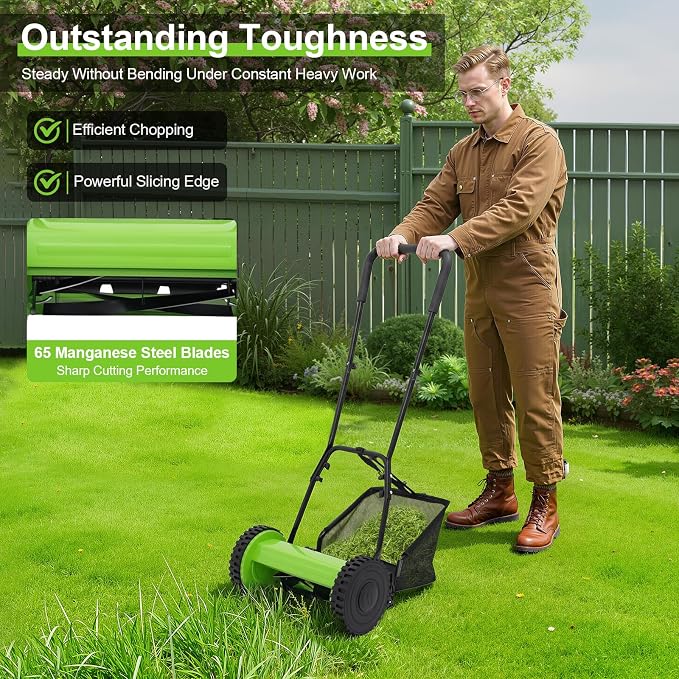 12in 5-Blade Push Reel Lawn Mower Manual Lawn Mower, Walk-Behind Lawn Mower with 6 Gallons Grass Catcher, 0.47-1.77 inches Manual Adjustable Cutting Height, for a Green Healthy Lawn (Green, 12in)