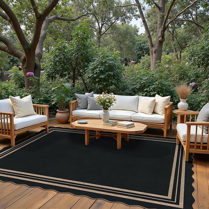 Scalloped Easy Jute Outdoor 8x10 Area Rug, Washable Outdoor Patio Rug, Farmhouse Indoor Black Geometric Rug Neutral Non Slip Carpet for Living Room Backyard Home Decor