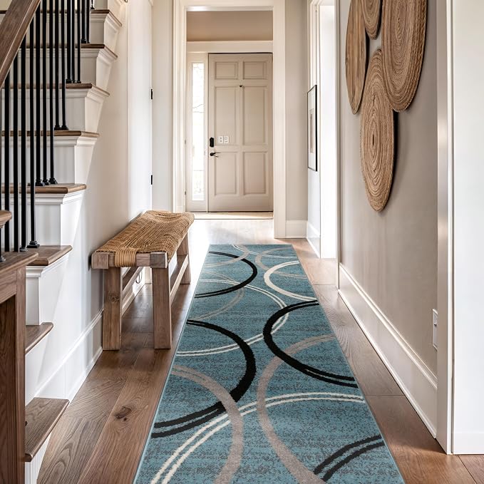 Rugshop Wavy Circles Modern Fade-Resistant Runner Rug Blue 2' x 10' | Runner, Size 2' x 10', Living Room, Bedroom, Dining Room, Home Office, Kitchen, Entryway, Hallway, Nursery, Kids Room