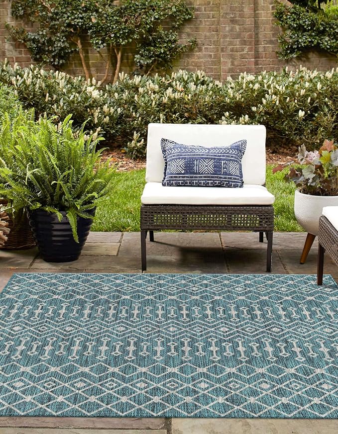 Unique Loom Outdoor Trellis Collection Area Rug - Tribal Trellis (6' 1" Square Teal/Ivory)