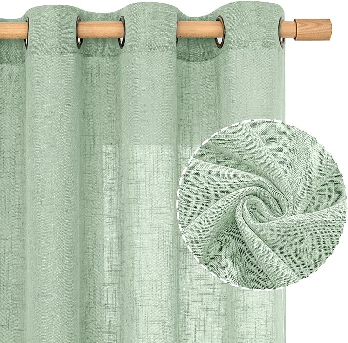 LAMIT Linen Curtains 48 Inch Length 2 Panels, Light Filtering Panels Bronze Grommet Neutral Drapes for Kitchen/Window/Loft Room/Bedroom, 34 x 48 Inch, Fresh Green
