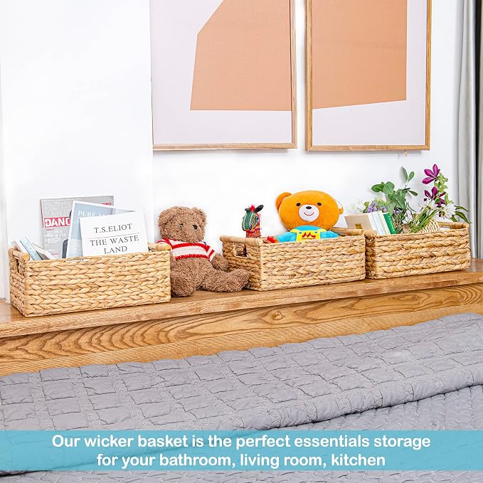 VATIMA Hyacinth Large Wicker Basket 15.5x10.8x6.2" | Rectangular, Wooden Handles, Shelf Organizer