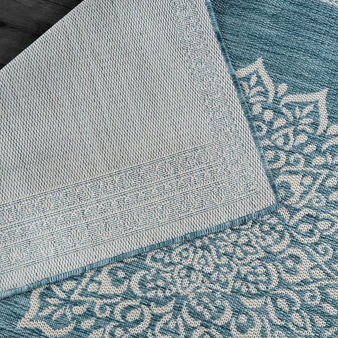 CAMILSON Outdoor Rug 10x14 Medallion Aqua Modern Large Area Rugs for Indoor and Outdoor Patios Kitchen and Hallway Mats Washable Porch Deck Outside Carpet (Medallion Aqua 10 x 14)