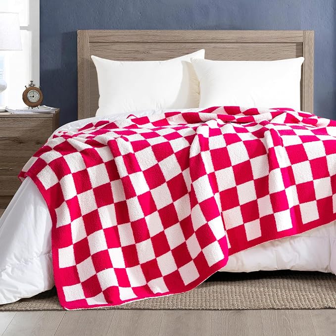 Elegant Comfort Checkered Throw Blanket, Hot Pink Super Soft Cozy Fluffy Warm Throw Blankets for Couch, Sofa, Chair, Bed, Camping, Picnic, Travel Lightweight Bed Blanket (50" x 70")