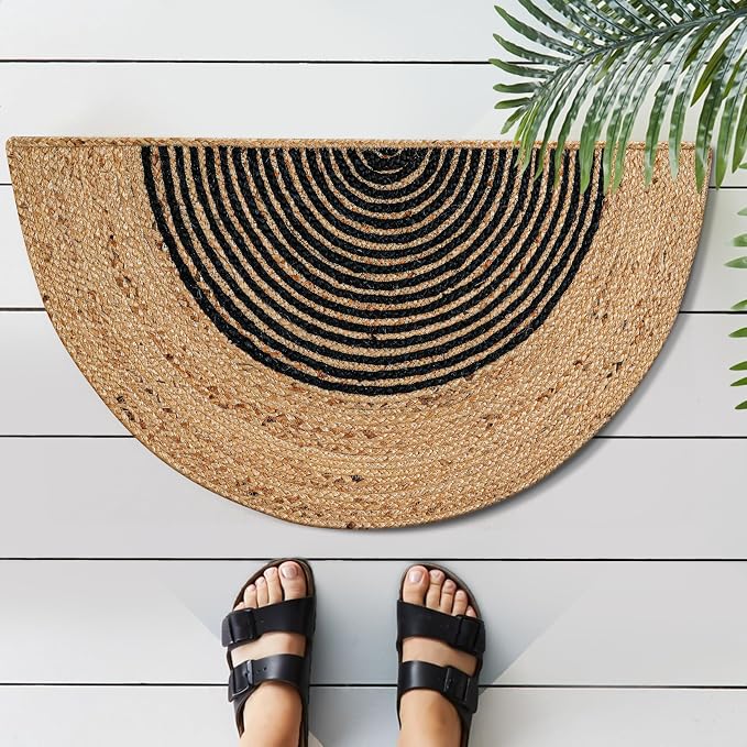 Boho Braided 1.5x3 Area Rug - Jute Natural Fiber Half Round Rug for Living Room Entryway, Farmhouse, Home, Indoor Rugs Jute Door mat for Bathroom, Kitchen (Black, Natural 1.5 X 3 ft)
