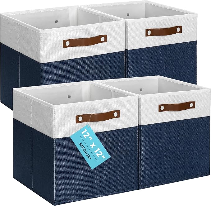 OrganiHaus 12x12 Cube Storage Bins, Set of 4 - Fabric Storage Cubes | Sturdy, holds its shape; odor-free; fits 12-inch cube shelves; vegan leather handles
