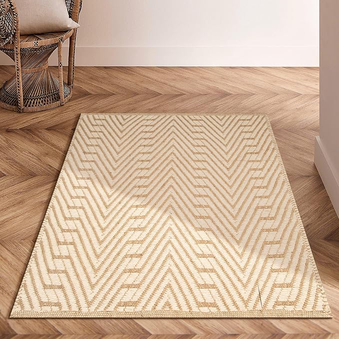 THE BEER VALLEY Jute Cotton Geometric Kitchen Rug 2x3 Feet - Natural White | Small Neutral Area Door mat for Entryway, Easy Clean Outdoor Indoor Boho Entry Rugs