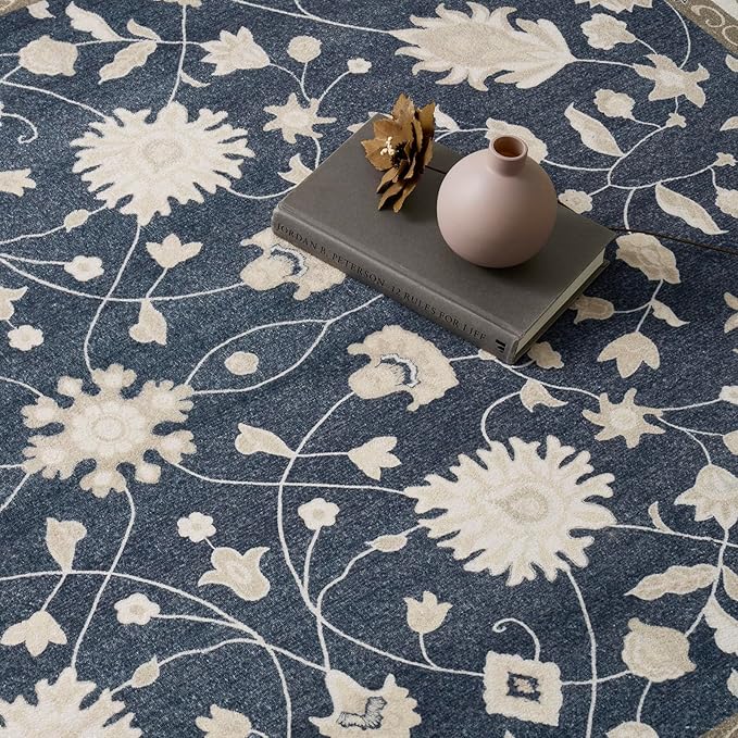 EVERGRACE Area Rugs for Living Room 4x6, Boho Floral Faux Wool Indoor Outdoor Rugs, Washable Rugs for Bedroom Entryway Dining Room Hallyway, Low Pile Floor Mat Carpet for Home Decor, Navy Blue