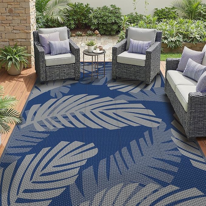 GENIMO Outdoor Rug, Waterproof Plastic Rugs for Patio, 6'x9' Blue Grey | Outside Larger Leaf Carpet Mat for Porch Decor, Deck, Balcony, Camping, RV, Backyard, Picnic, Beach, Reversible, Foldable