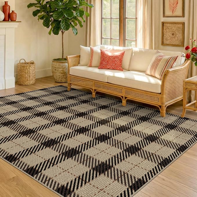 Easy Jute Area Rug 5x7, Washable Indoor Outdoor Plaid Rug for Living Room, Patio, Entryway, Bedroom, Farmhouse Non Slip Black & Tan Rug