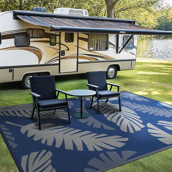 GENIMO Outdoor Rug, Waterproof Plastic Rugs for Patio, 6'x9' Blue Grey | Outside Larger Leaf Carpet Mat for Porch Decor, Deck, Balcony, Camping, RV, Backyard, Picnic, Beach, Reversible, Foldable