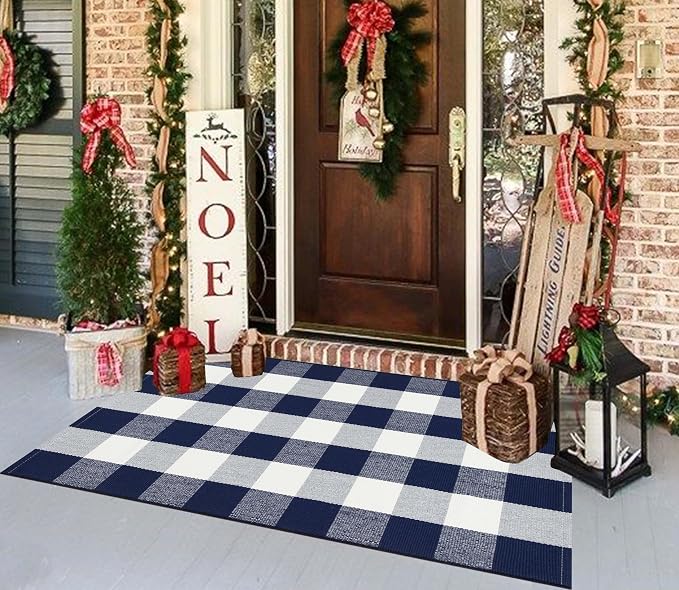 Buffalo Plaid Rug 27.5"x43" Blue White Fall Front Porch Rug Cotton Woven Washable Indoor Outdoor Rugs for Welcome Door Mat Entryway Dining Room Bedroom Living Room