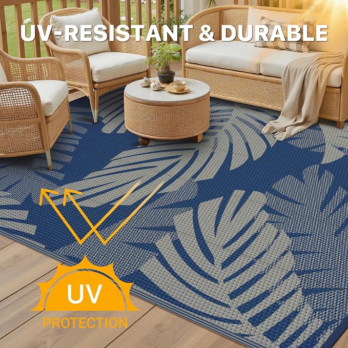 GENIMO Outdoor Rug, Waterproof Plastic Rugs for Patio, 8'x10' Blue Grey | Outside Larger Leaf Carpet Mat for Porch Decor, Deck, Balcony, Camping, RV, Backyard, Picnic, Beach, Reversible, Foldable