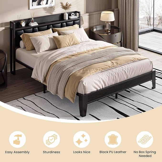LIKIMIO Queen Bed Frames, PU Leather Storage Headboard with Charging Station, Solid and Stable, Noise Free, No Box Spring Needed, Easy Assembly, Black