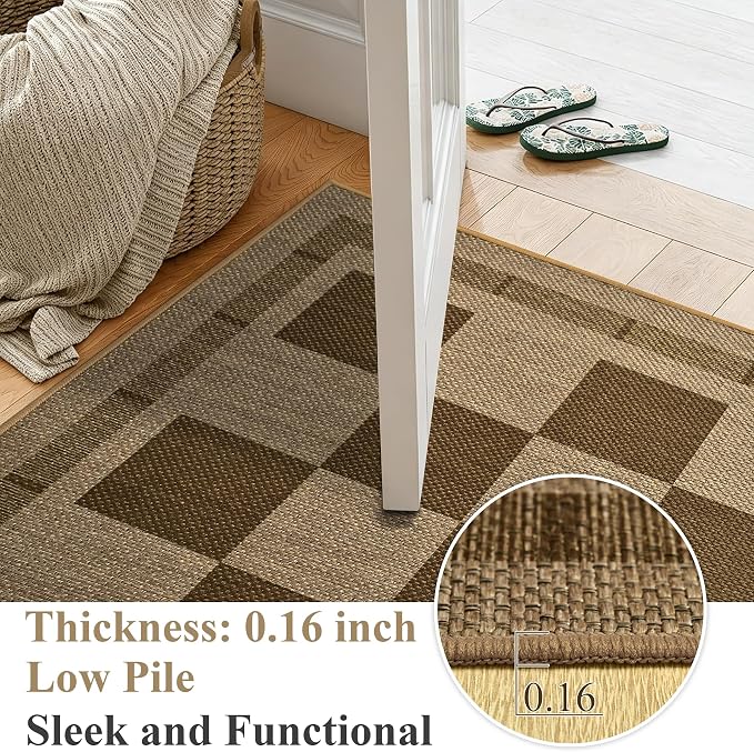 Vasofe 2x6 Jute Checkered Rugs, Outdoor Runner, Runner Rug for Hallway | Washable Patio Porch Balcony Runners Indoor Bedroom Kitchen Laundry Mat, Non Slip Plaid Farmhouse Carpet, Nature and Brown