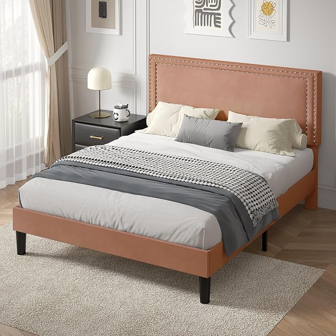 VECELO Full Size Platform Bed Frame with Height Adjustable Upholstered Headboard, Modern Mattress Foundation,Strong Wood Slat Support, No Box Spring Needed, Easy Assembly,Brown