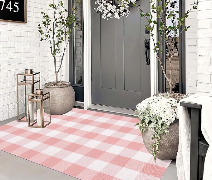 Pink and White Buffalo Plaid Rug 3'x5'Checkered Outdoor Rug Farmhouse Front Porch Rug Machine Washable Front Door Mat Outdoor for Hello Welcome Mat,Bedroom,Entryway,Patio