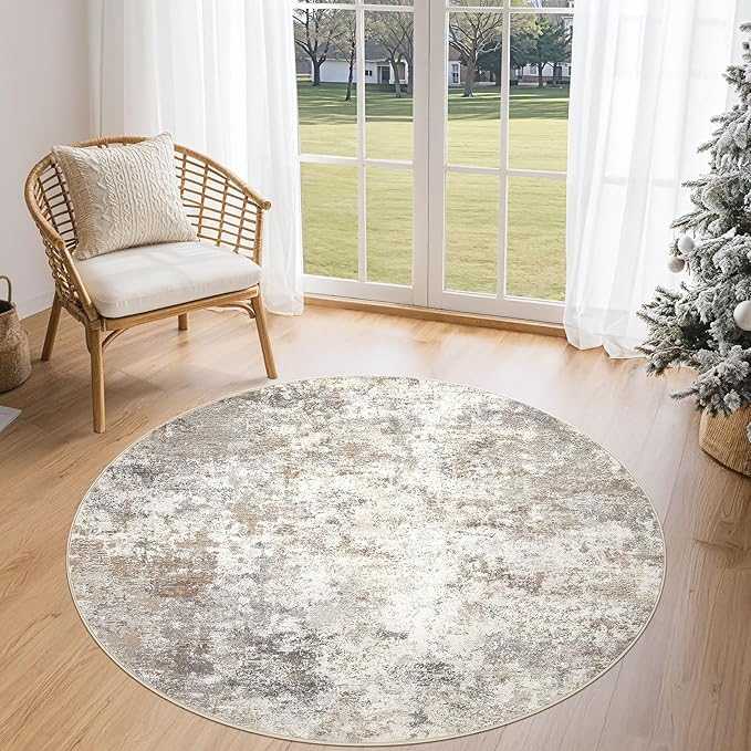 UERMEI 4ft Round Area Rug Living Room Rugs - 4x4 Washable Neutral Modern Abstract Soft Thin Rug Indoor Floor No Slip Rug Carpet for Bedroom Under Dining Table Home Office Decor - Brown Grey